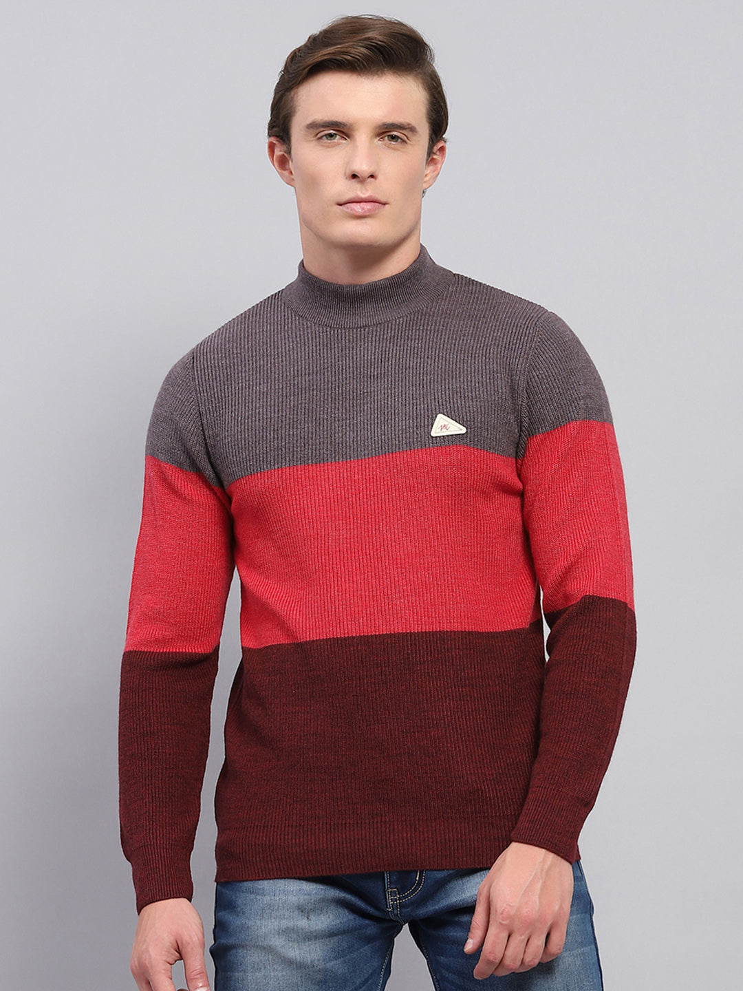 Buy Men Grey Red Stripe High Neck Full Sleeve Pullover Online in