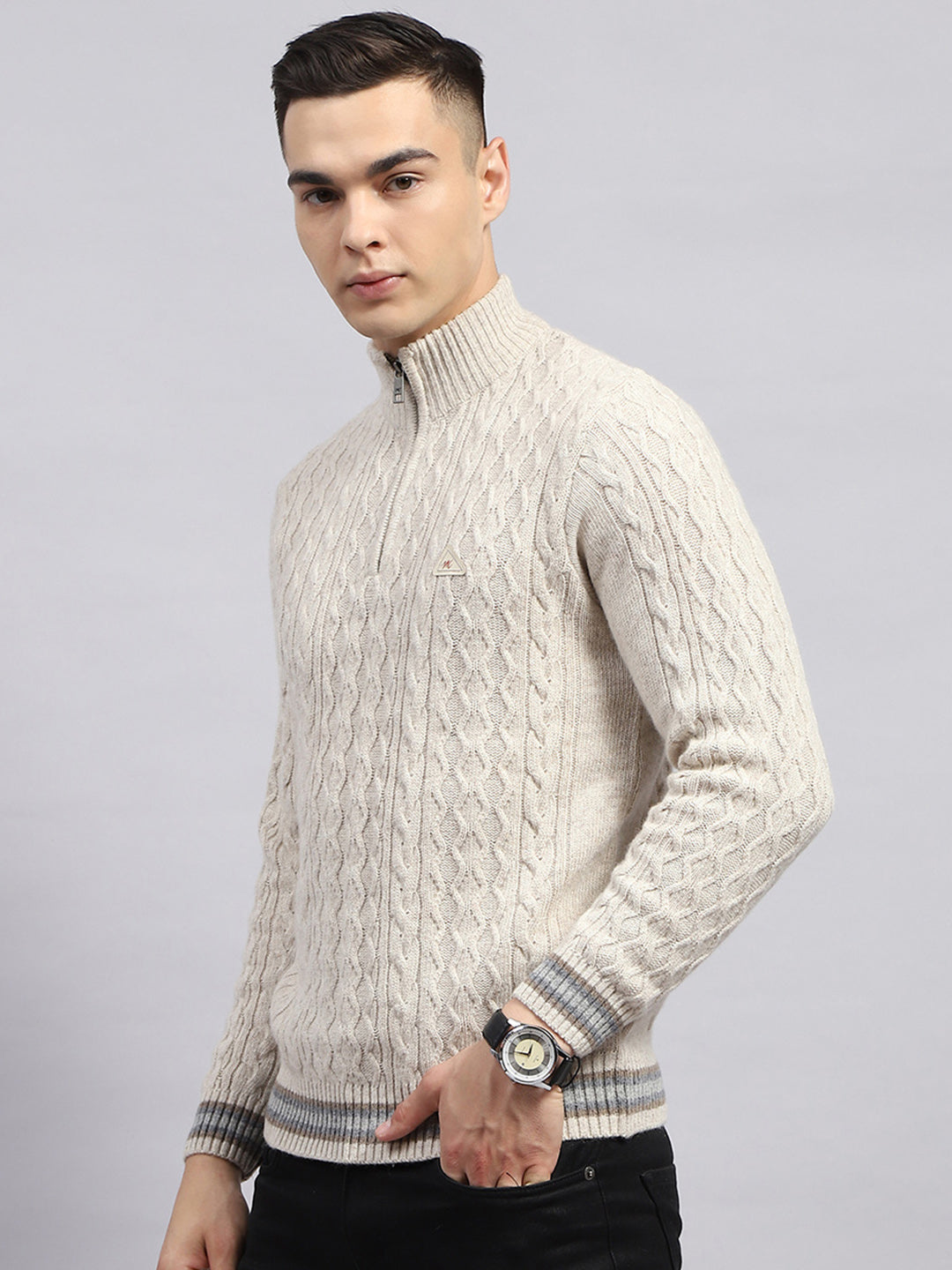 Men Cream Self Design High Neck Full Sleeve Pullover