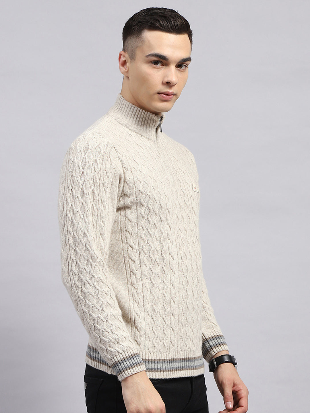 Men Cream Self Design High Neck Full Sleeve Pullover