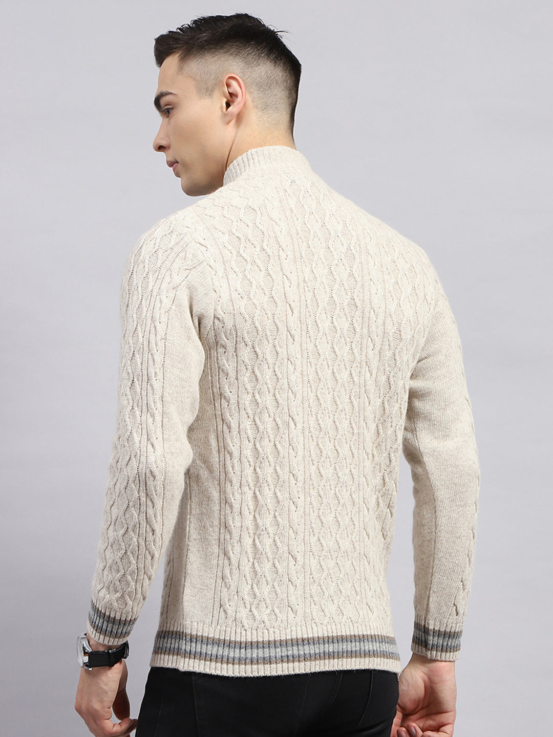 Men Cream Self Design High Neck Full Sleeve Pullover