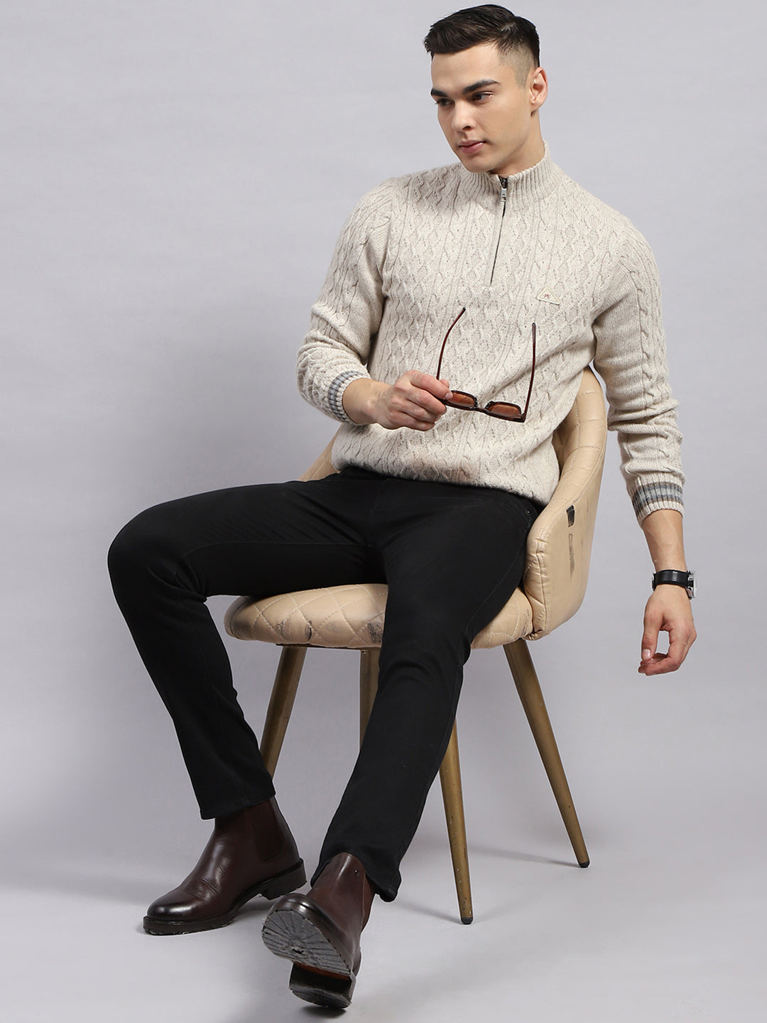 Men Cream Self Design High Neck Full Sleeve Pullover