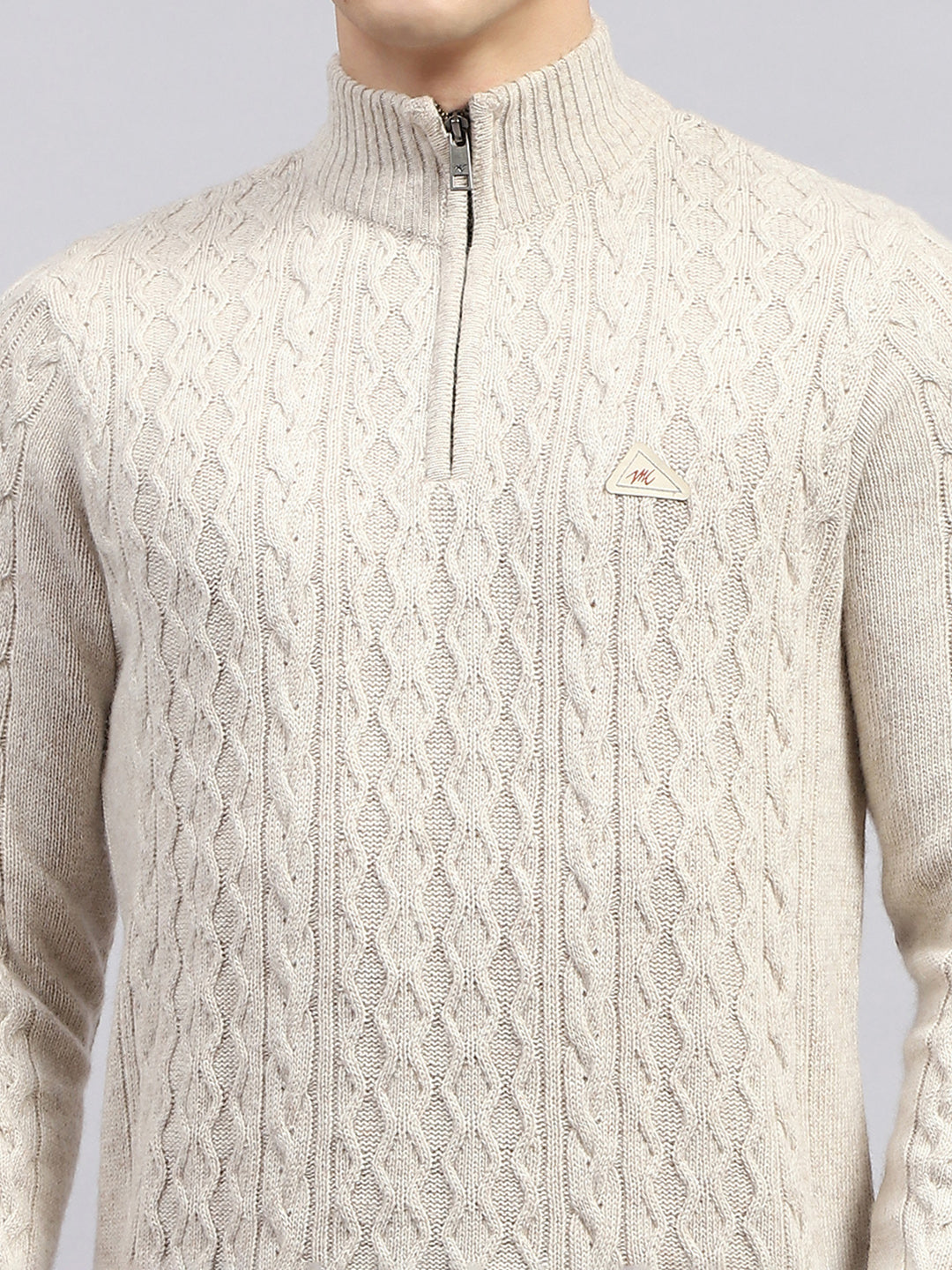 Men Cream Self Design High Neck Full Sleeve Pullover