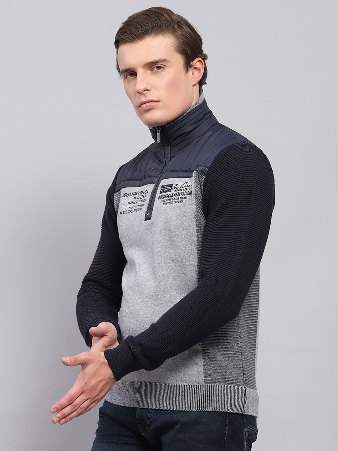 Men Navy Blue Printed Mock Neck Full Sleeve Pullover