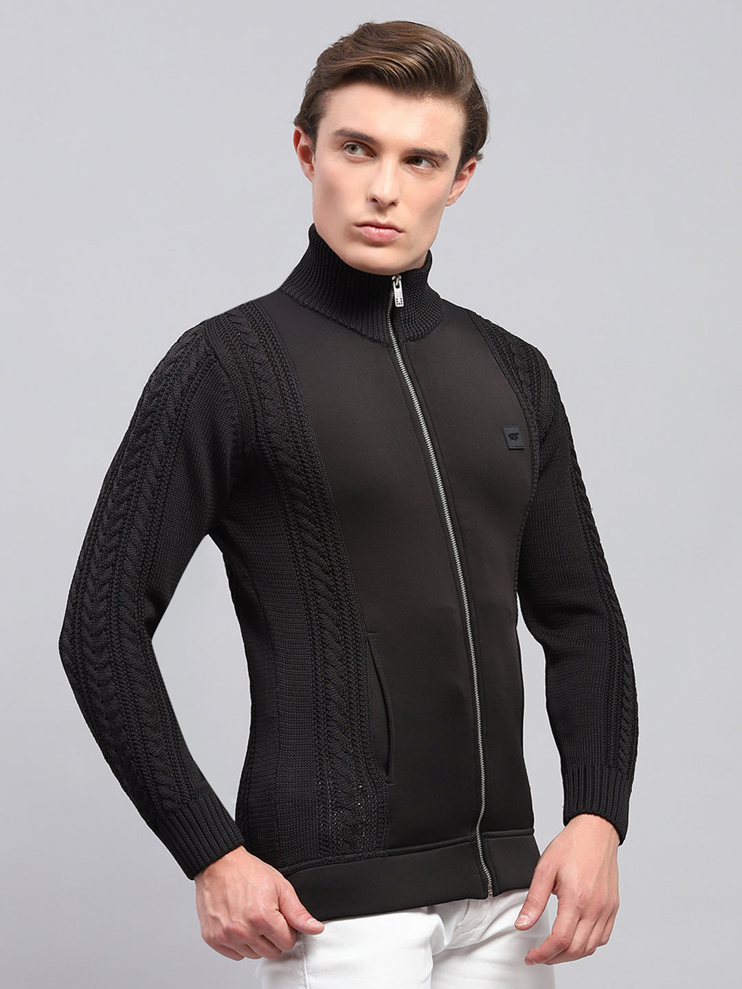 Men Black Self Design Mock Neck Full Sleeve Pullover