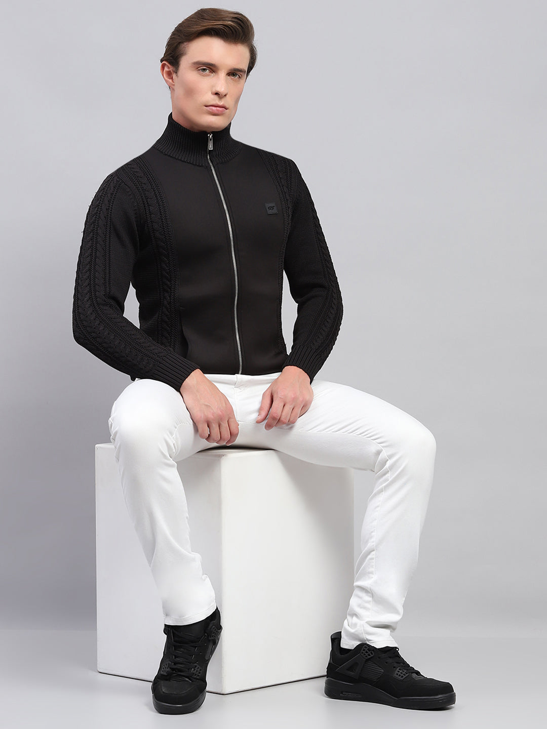 Men Black Self Design Mock Neck Full Sleeve Pullover