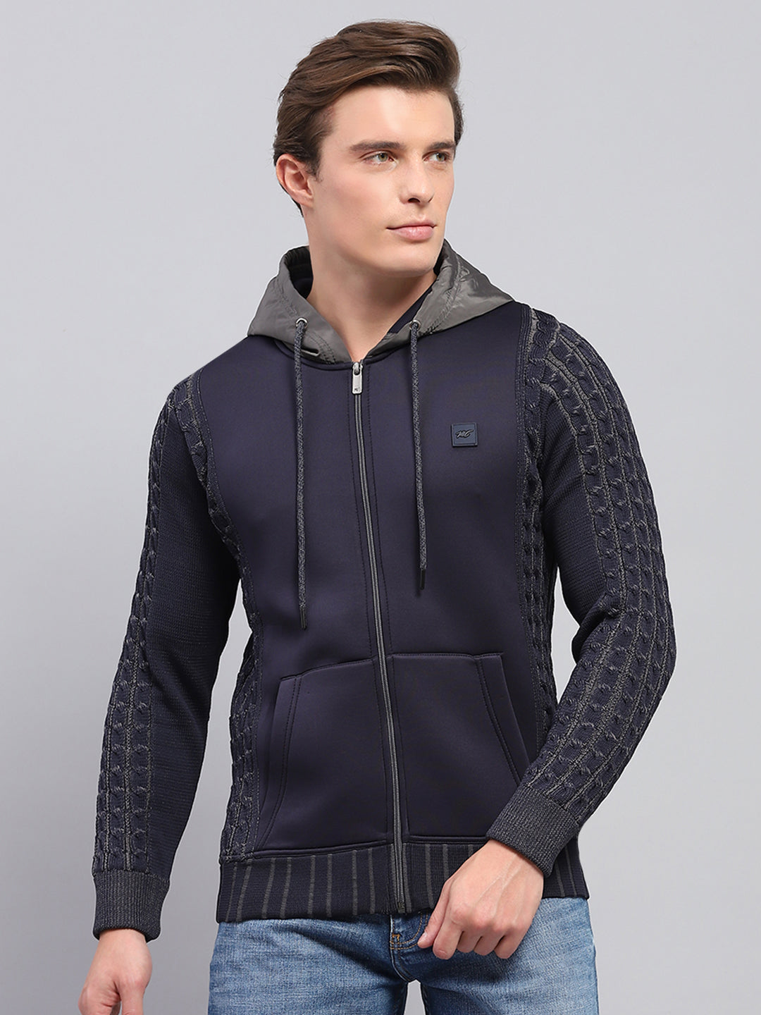 Buy Men Navy Blue Solid Hooded Full Sleeve Pullover Online in