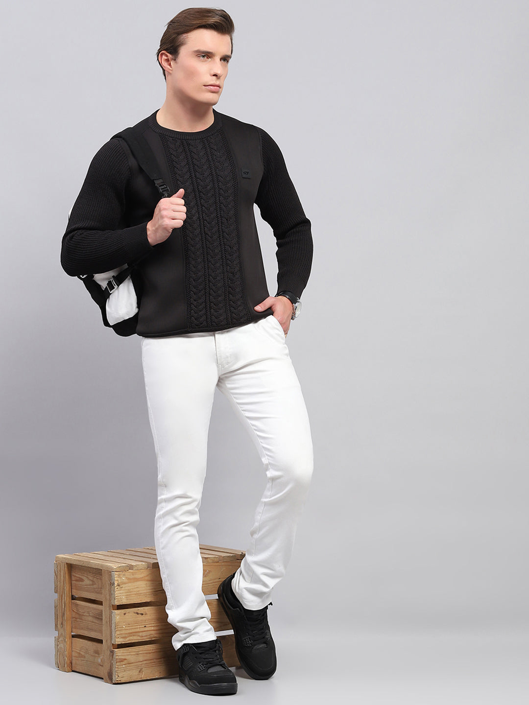 Men Black Self Design Round Neck Full Sleeve Pullover