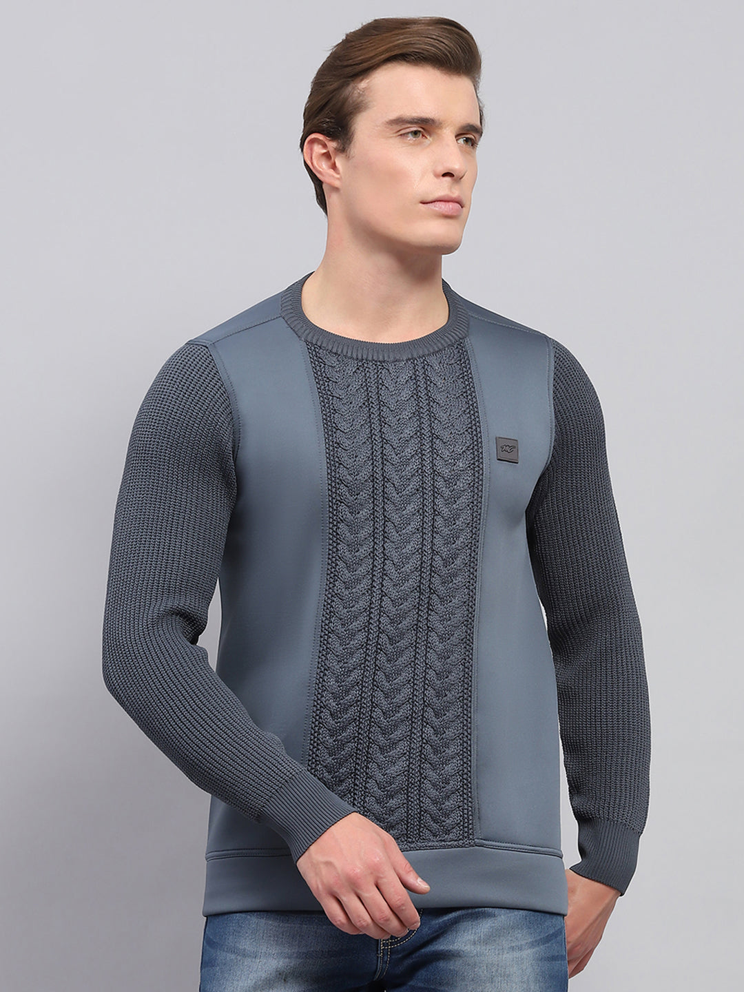 Men's Grey Round Neck Long Sleeves Cotton Pullover