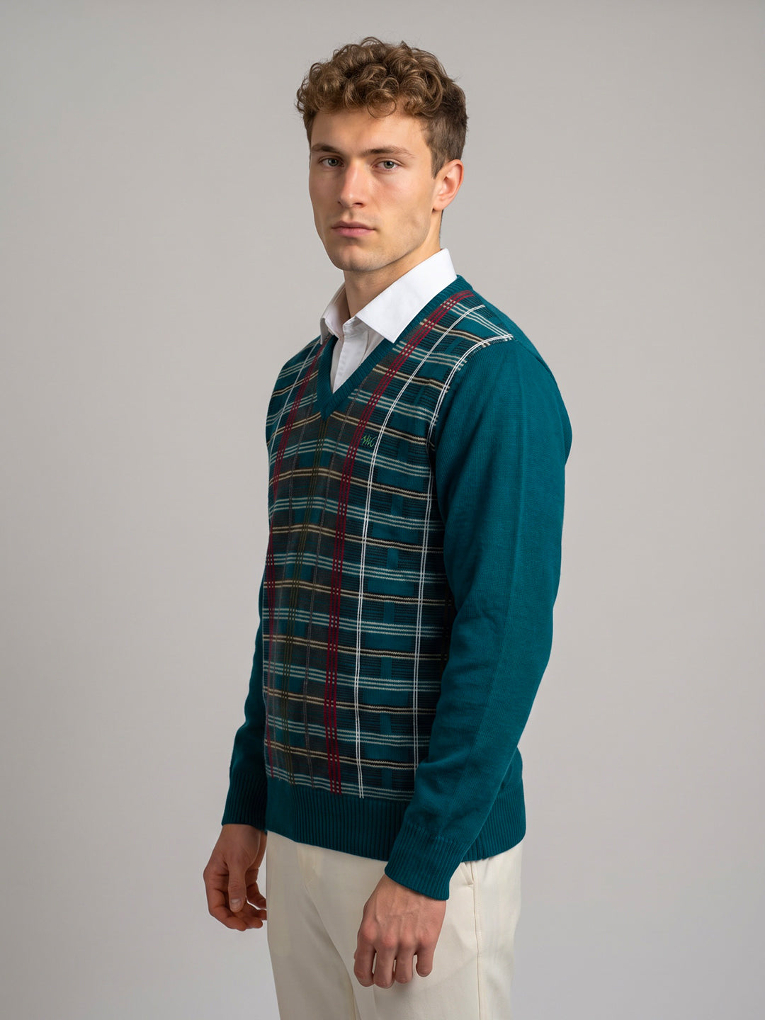 Men Teal Blue Check V Neck Full Sleeve Pullover