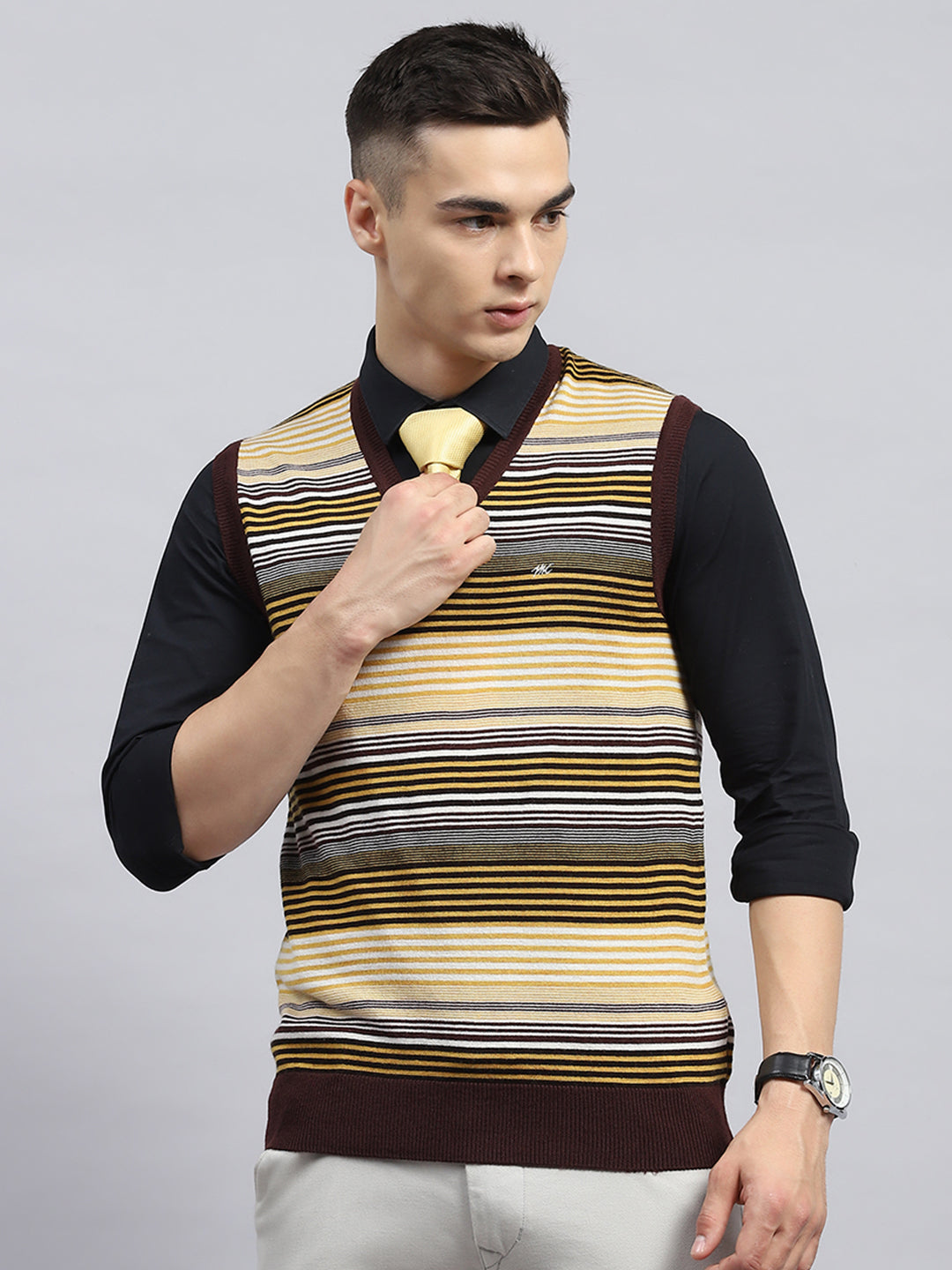 Men Yellow & Brown Stripe V Neck Sleeveless Sweater