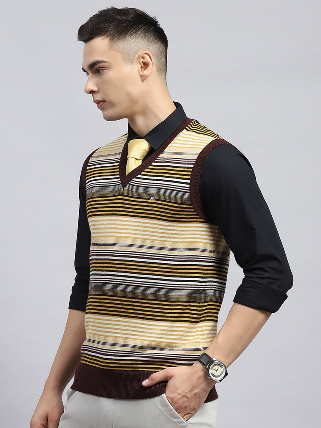 Men Yellow & Brown Stripe V Neck Sleeveless Sweater