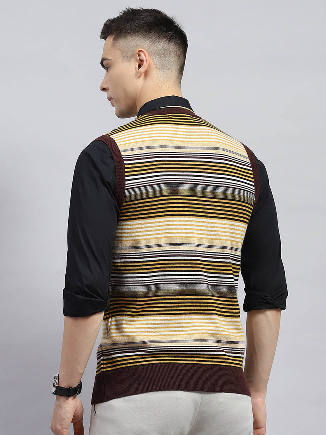Men Yellow & Brown Stripe V Neck Sleeveless Sweater