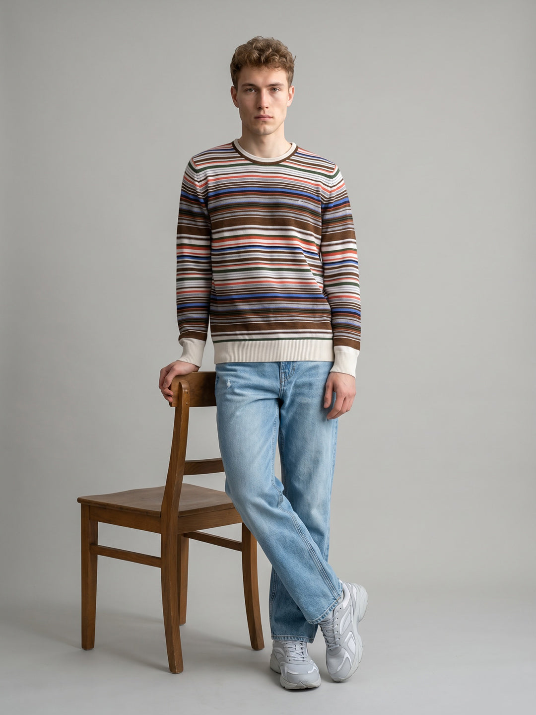 Men Orange Stripe Round Neck Full Sleeve Pullover