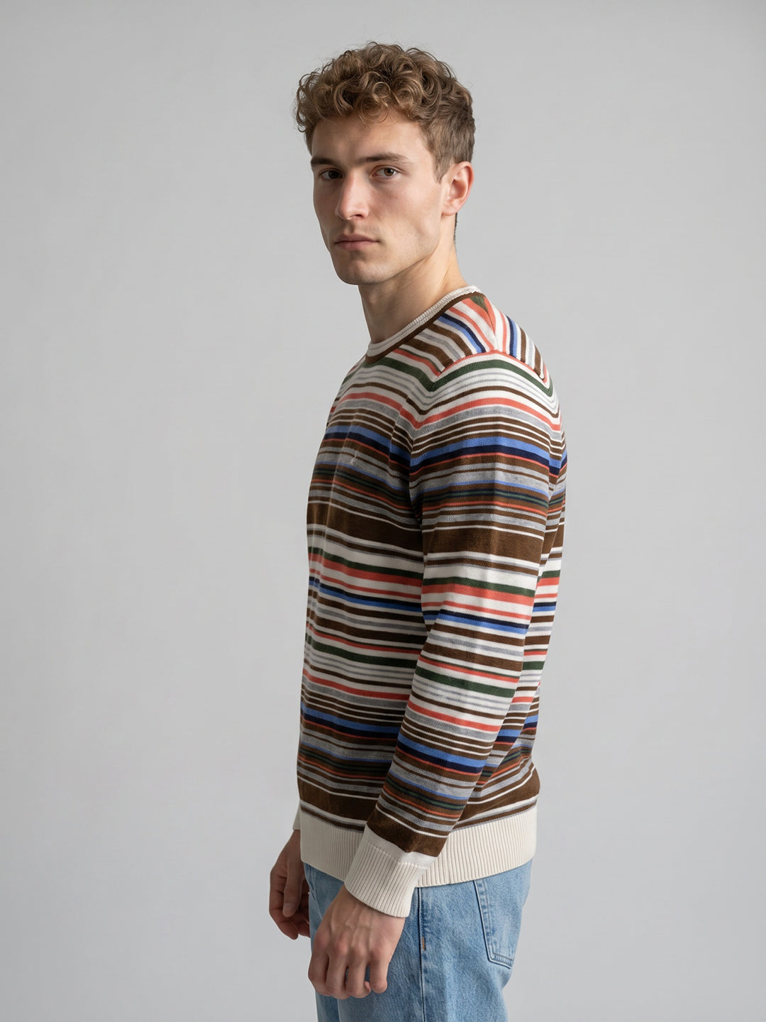 Men Orange Stripe Round Neck Full Sleeve Pullover