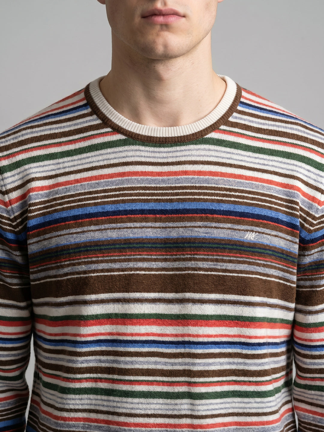 Men Orange Stripe Round Neck Full Sleeve Pullover