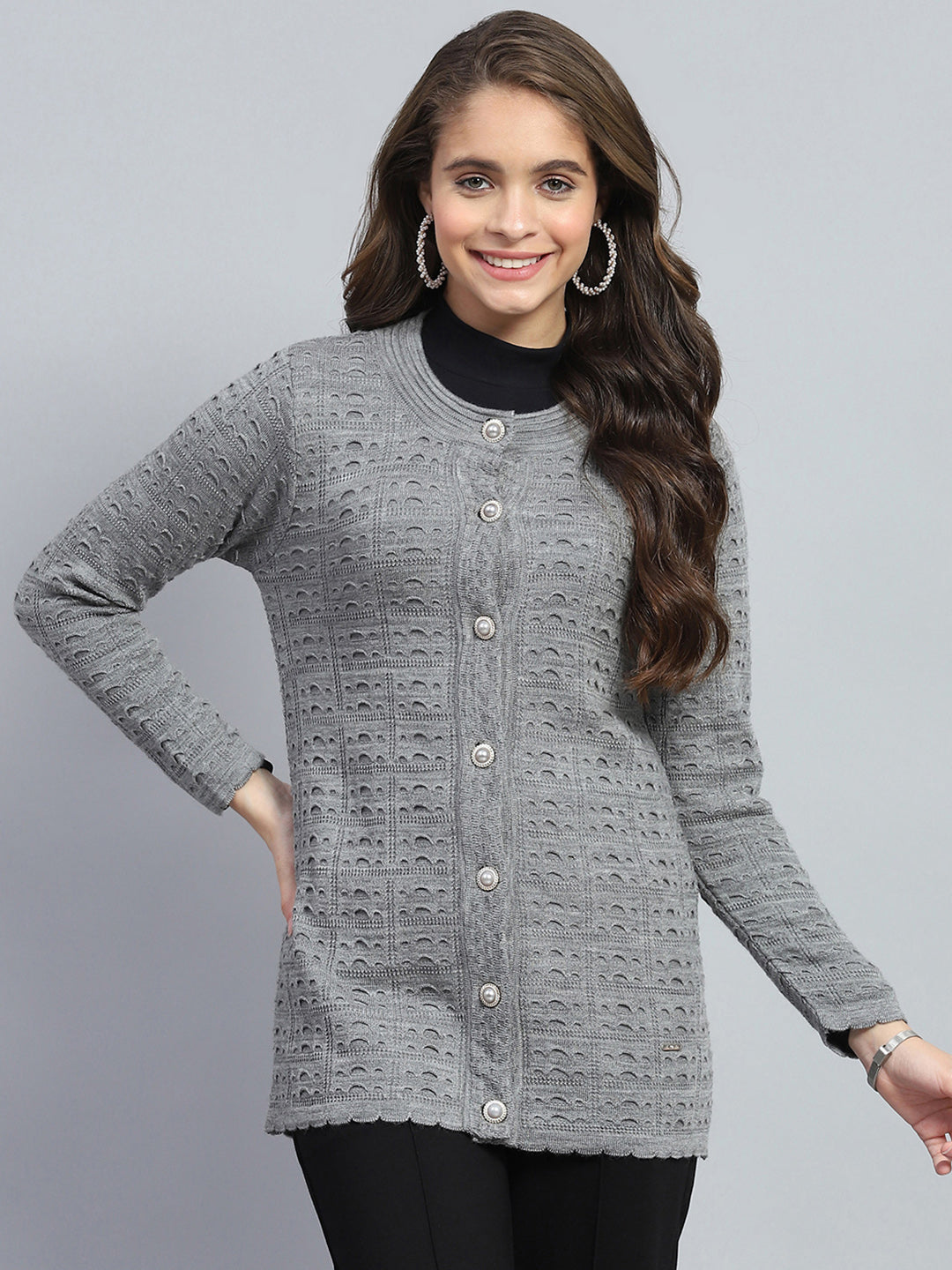Women Grey Self Design Round Neck Full Sleeve Cardigan