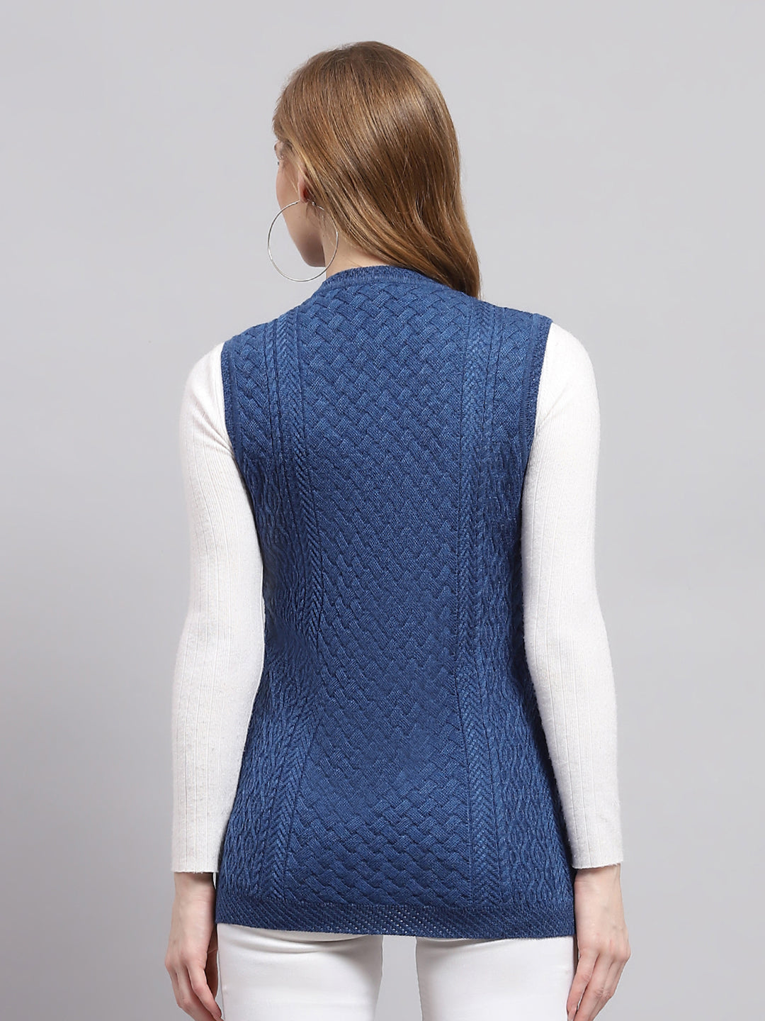 Women Blue Self Design V Neck Sleeveless Cardigan
