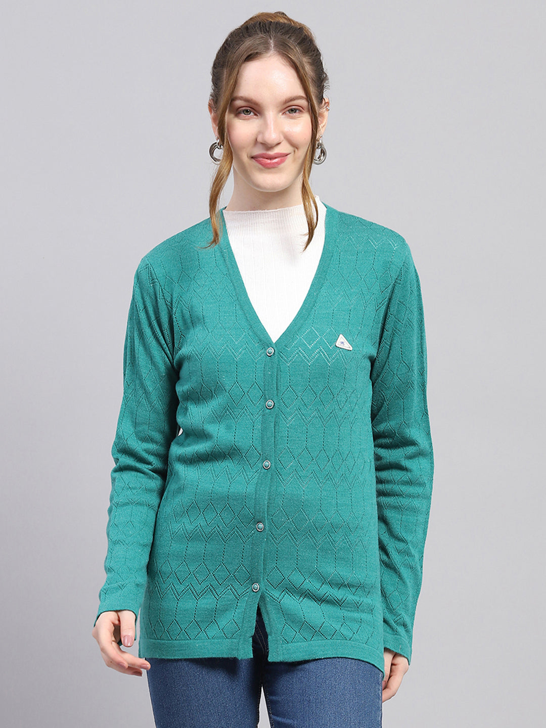 Women Teal Blue Self Design V Neck Full Sleeve Cardigan