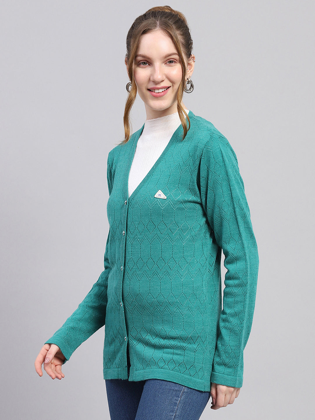 Women Teal Blue Self Design V Neck Full Sleeve Cardigan