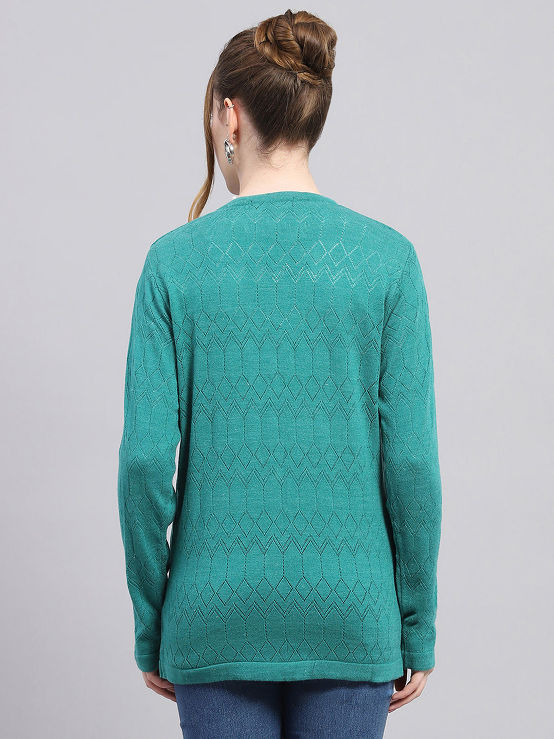 Women Teal Blue Self Design V Neck Full Sleeve Cardigan