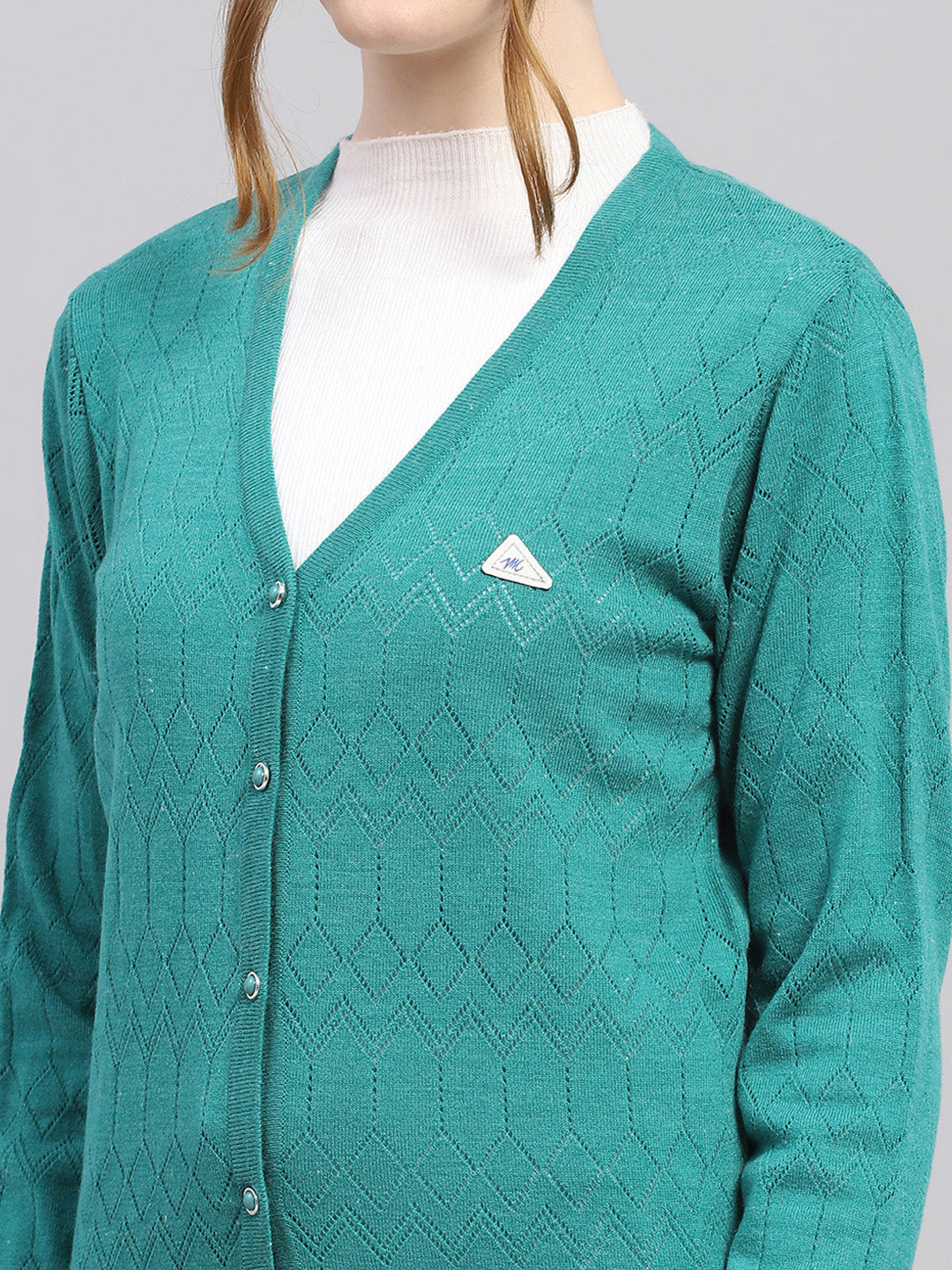 Women Teal Blue Self Design V Neck Full Sleeve Cardigan