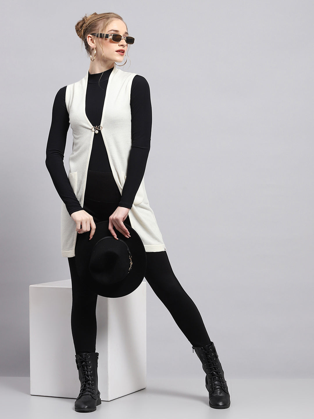 Women White Self Design Front Open Sleeveless Cardigan