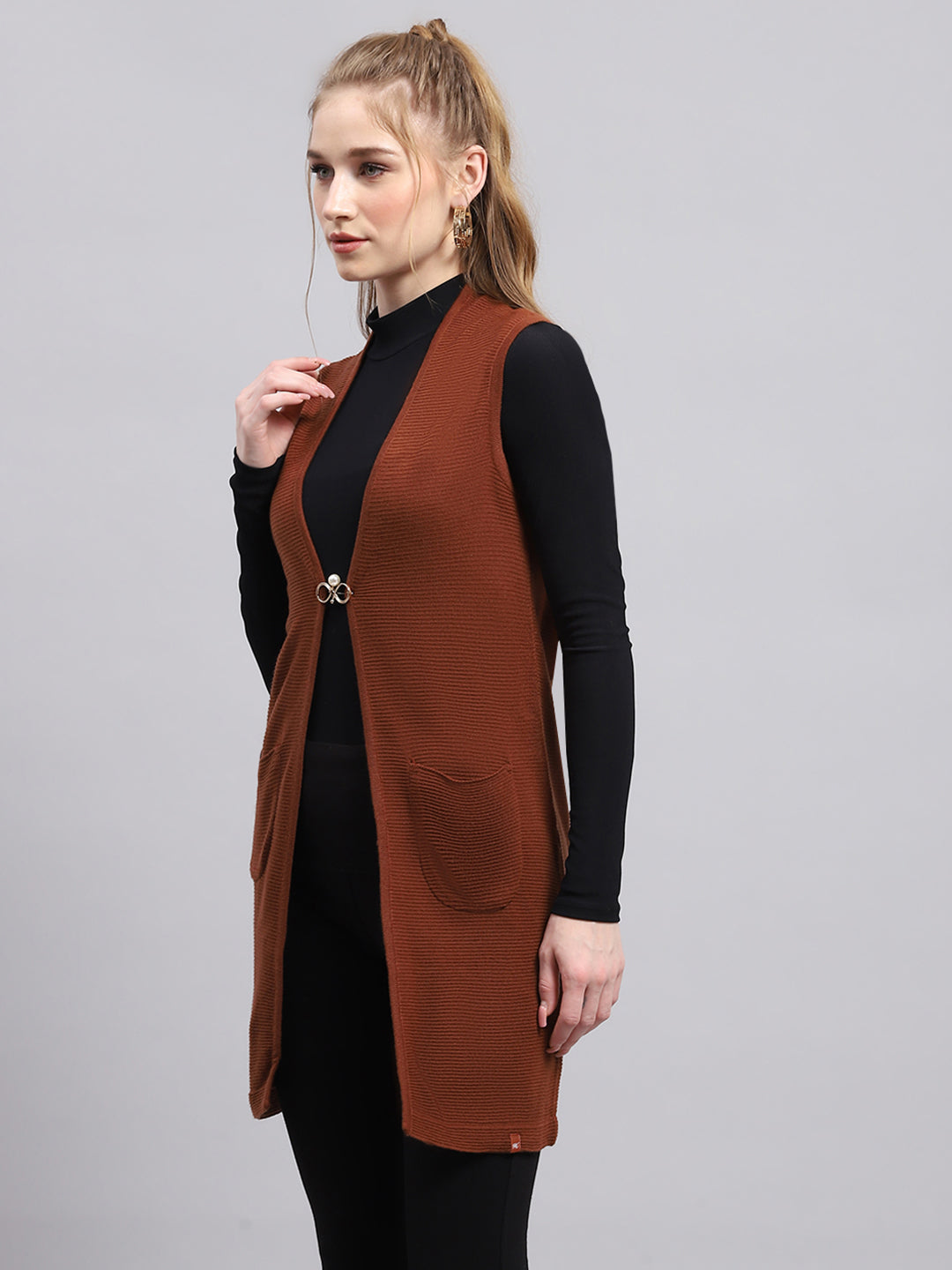 Women Rust Self Design Front Open Sleeveless Cardigan