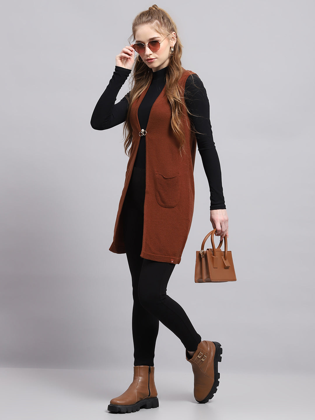 Women Rust Self Design Front Open Sleeveless Cardigan