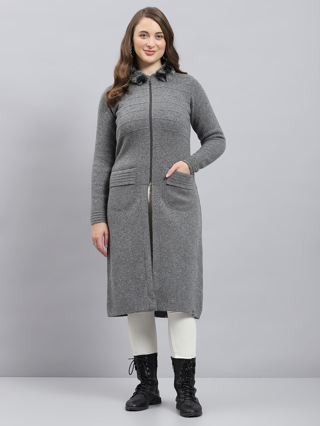 Women Grey Solid Collar Full Sleeve Pullover