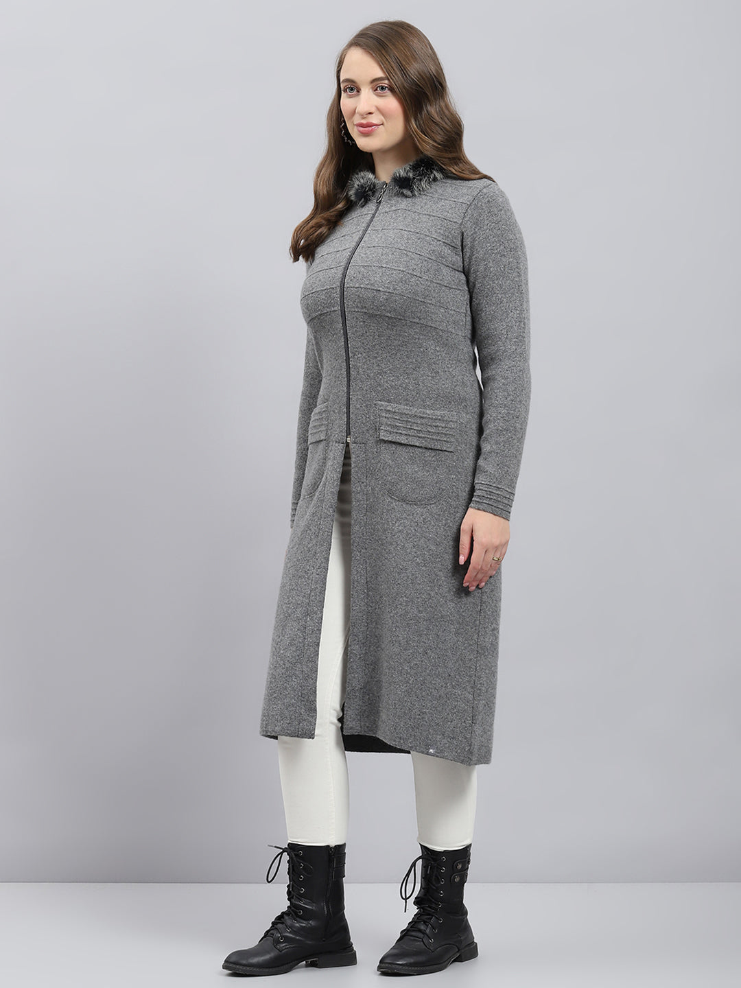 Women Grey Solid Collar Full Sleeve Pullover
