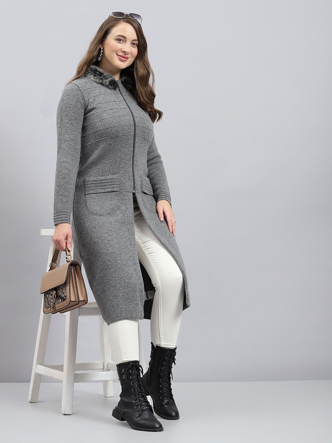 Women Grey Solid Collar Full Sleeve Pullover