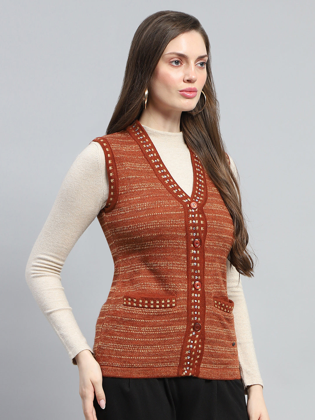 Women Rust Stripe V Neck Sleeveless Cardigan