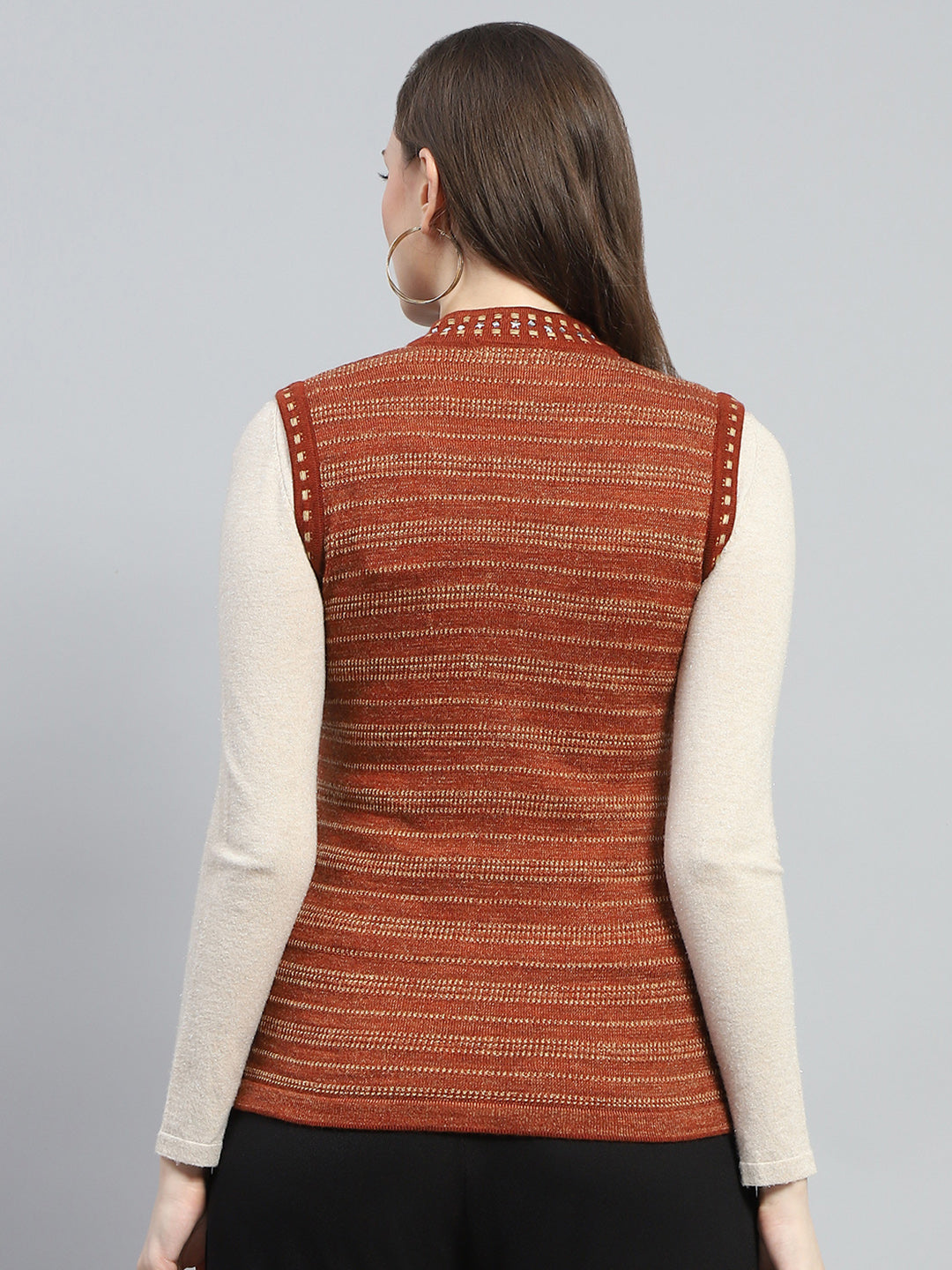 Women Rust Stripe V Neck Sleeveless Cardigan