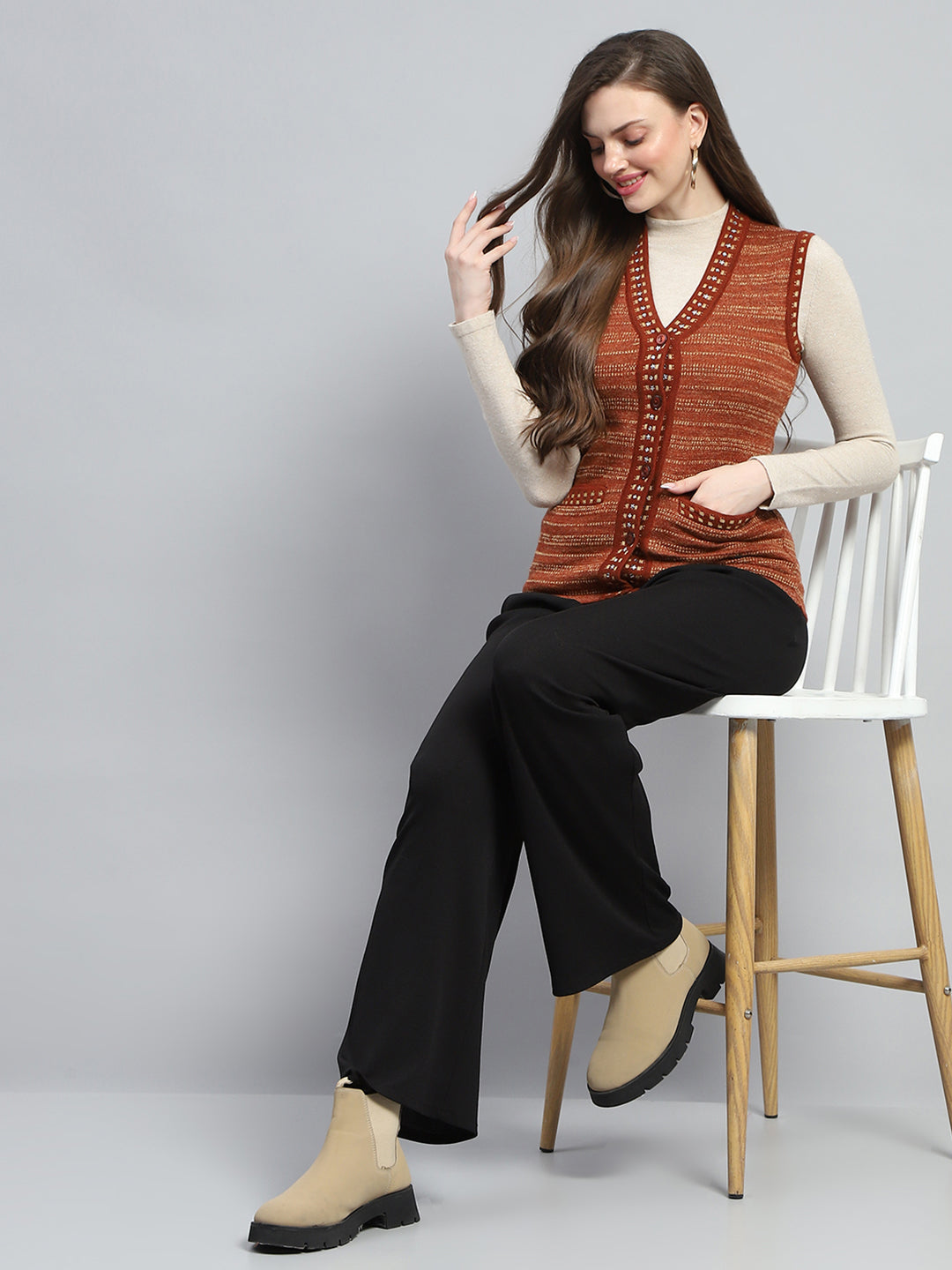 Women Rust Stripe V Neck Sleeveless Cardigan