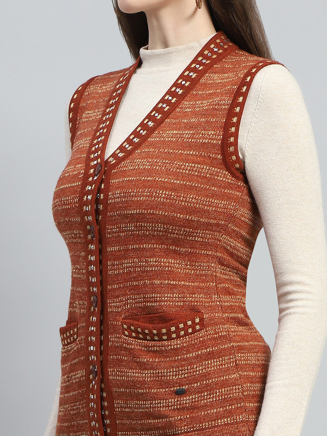 Women Rust Stripe V Neck Sleeveless Cardigan