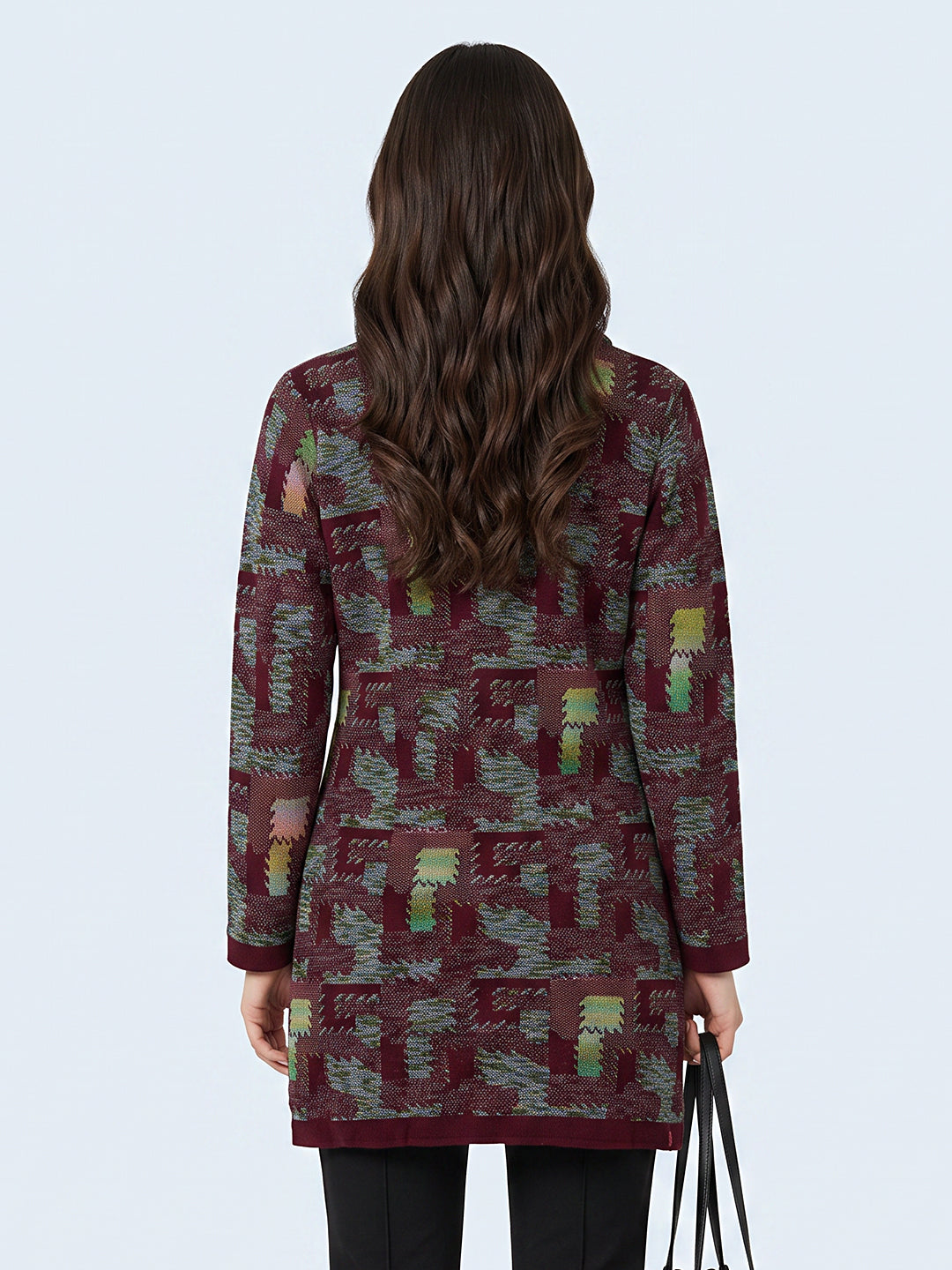Women Purple Jacquard Collar Full Sleeve Long Cardigan