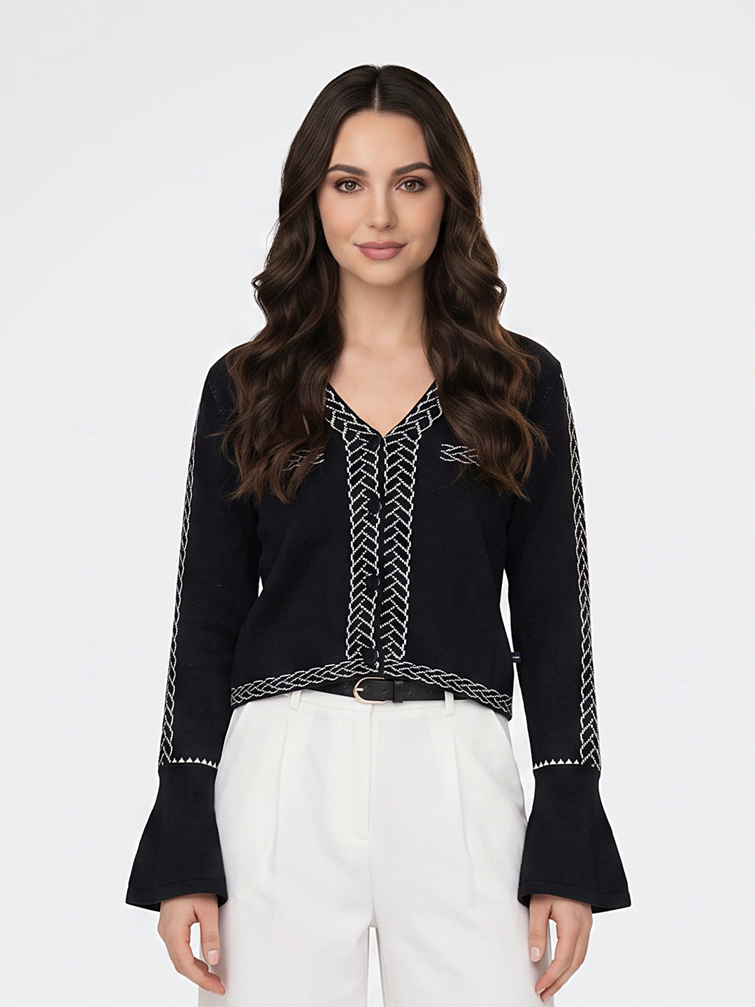 Women Black Jacquard V Neck Full Sleeve Winter Top