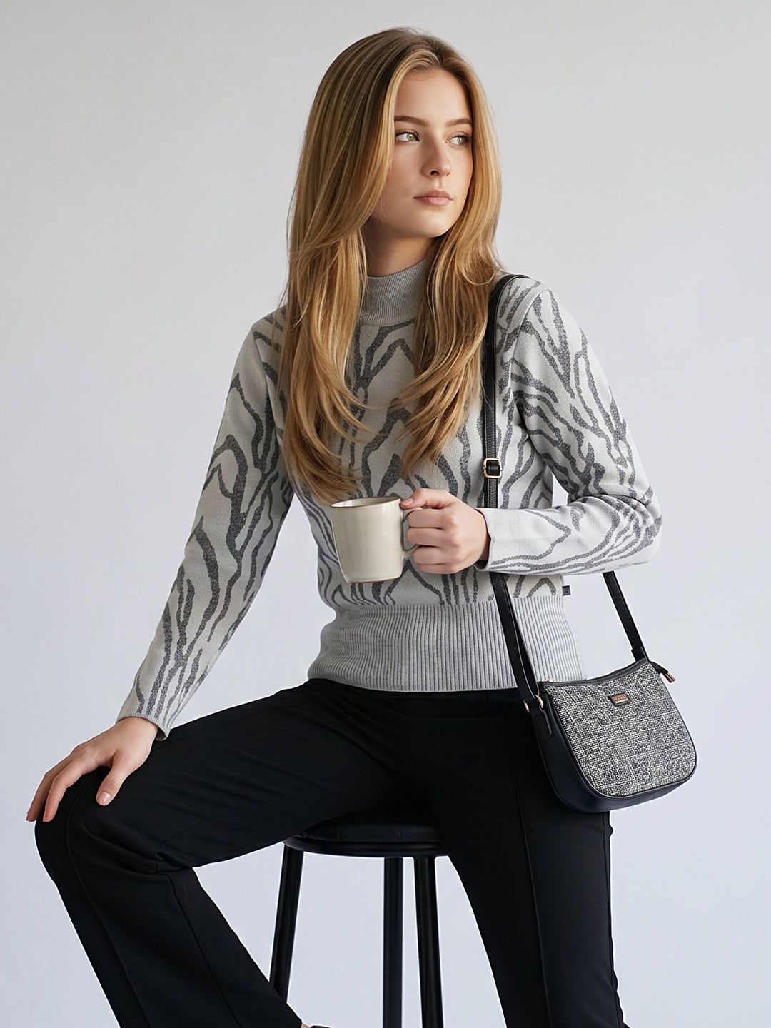 Women Grey Self Design Turtle Neck Full Sleeve Winter Top