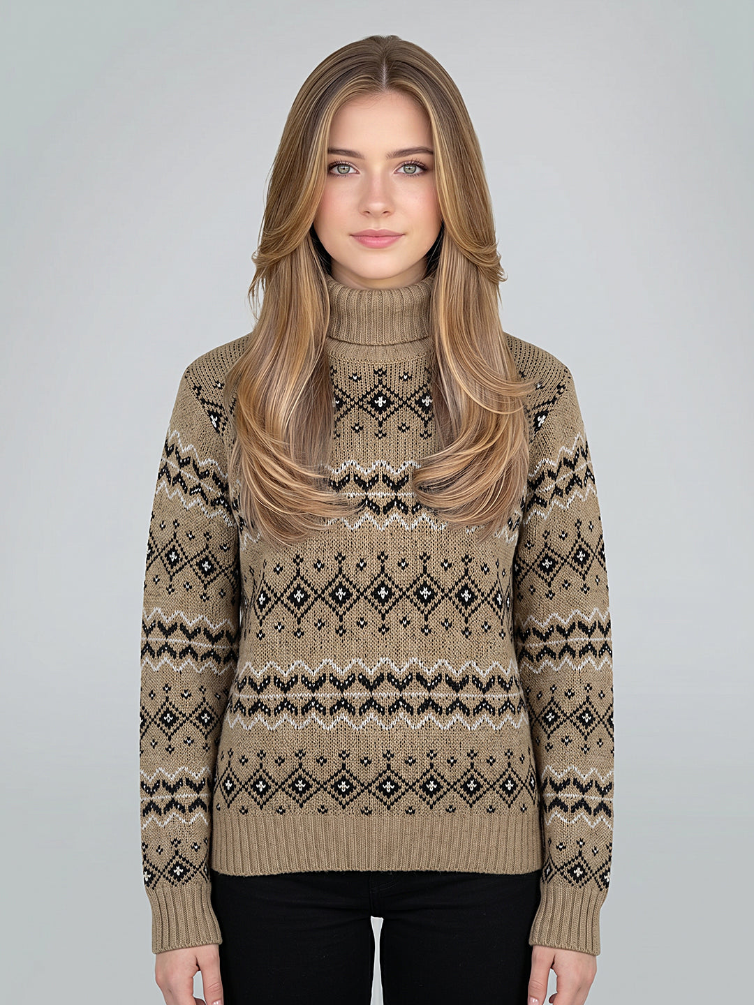 Women Camel Brown Jacquard High Neck Full Sleeve Pullover