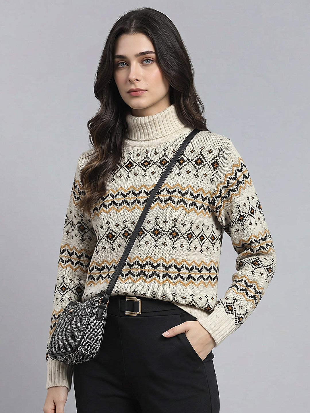Women Cream Jacquard High Neck Full Sleeve Pullover