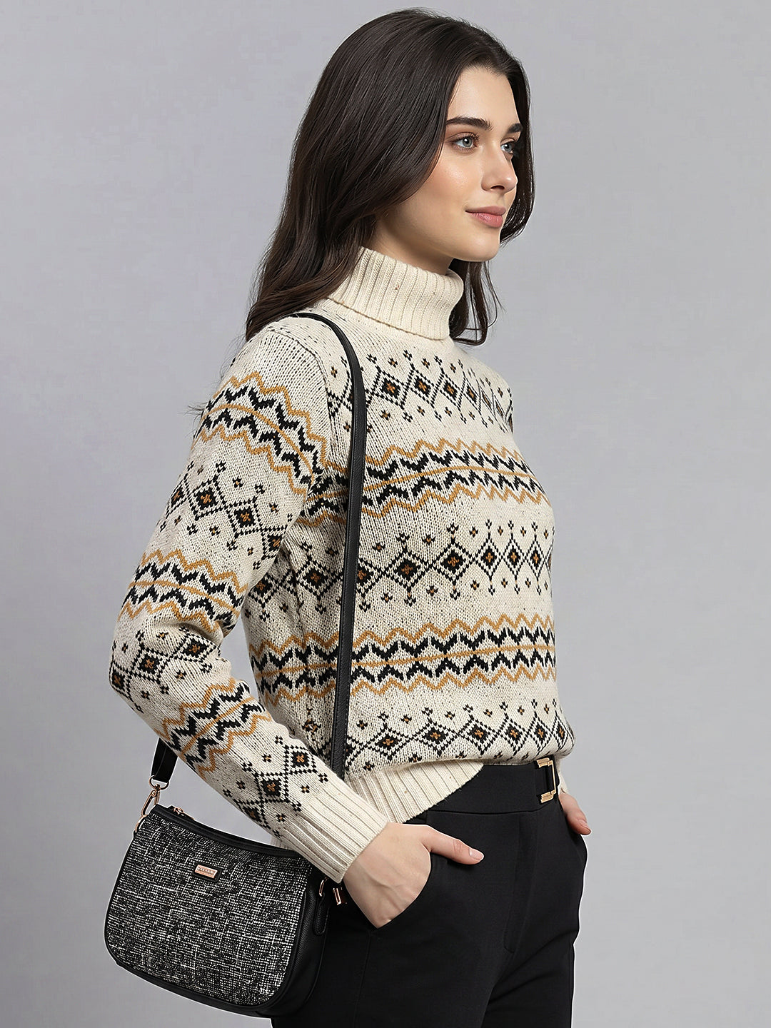 Women Cream Jacquard High Neck Full Sleeve Pullover