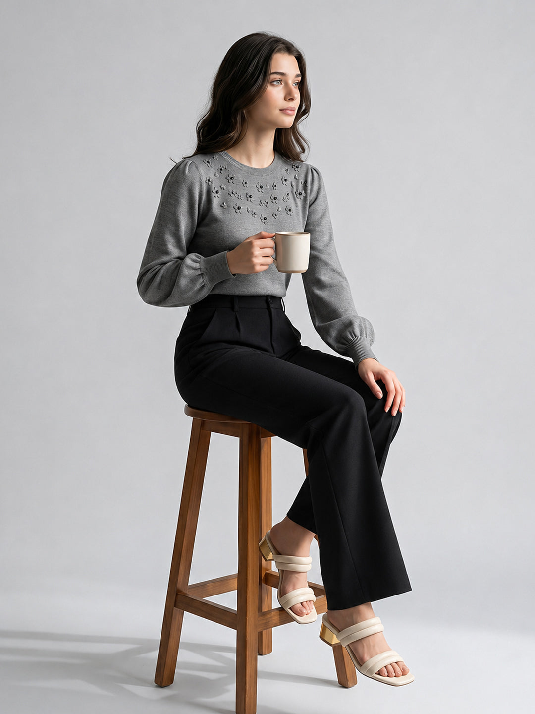 Women Grey Self Design Round Neck Full Sleeve Winter Top