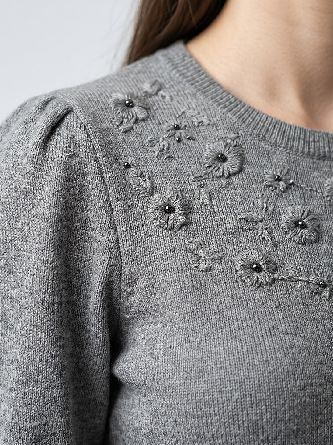 Women Grey Self Design Round Neck Full Sleeve Winter Top