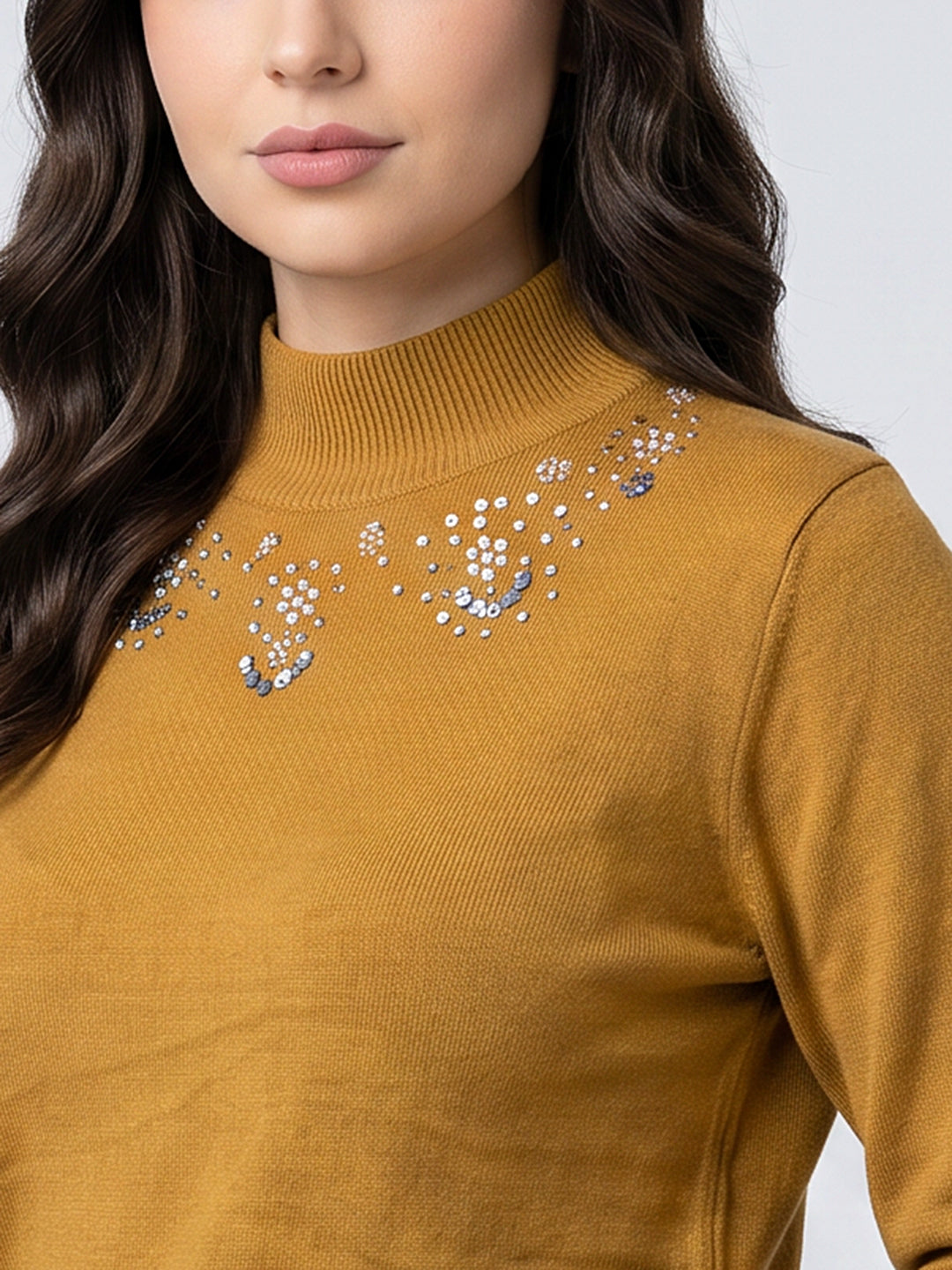 Women Mustard Solid Turtle Neck Full Sleeve Winter Top