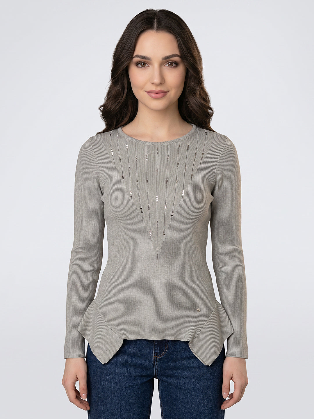 Women Grey Self Design Round Neck Full Sleeve Winter Top