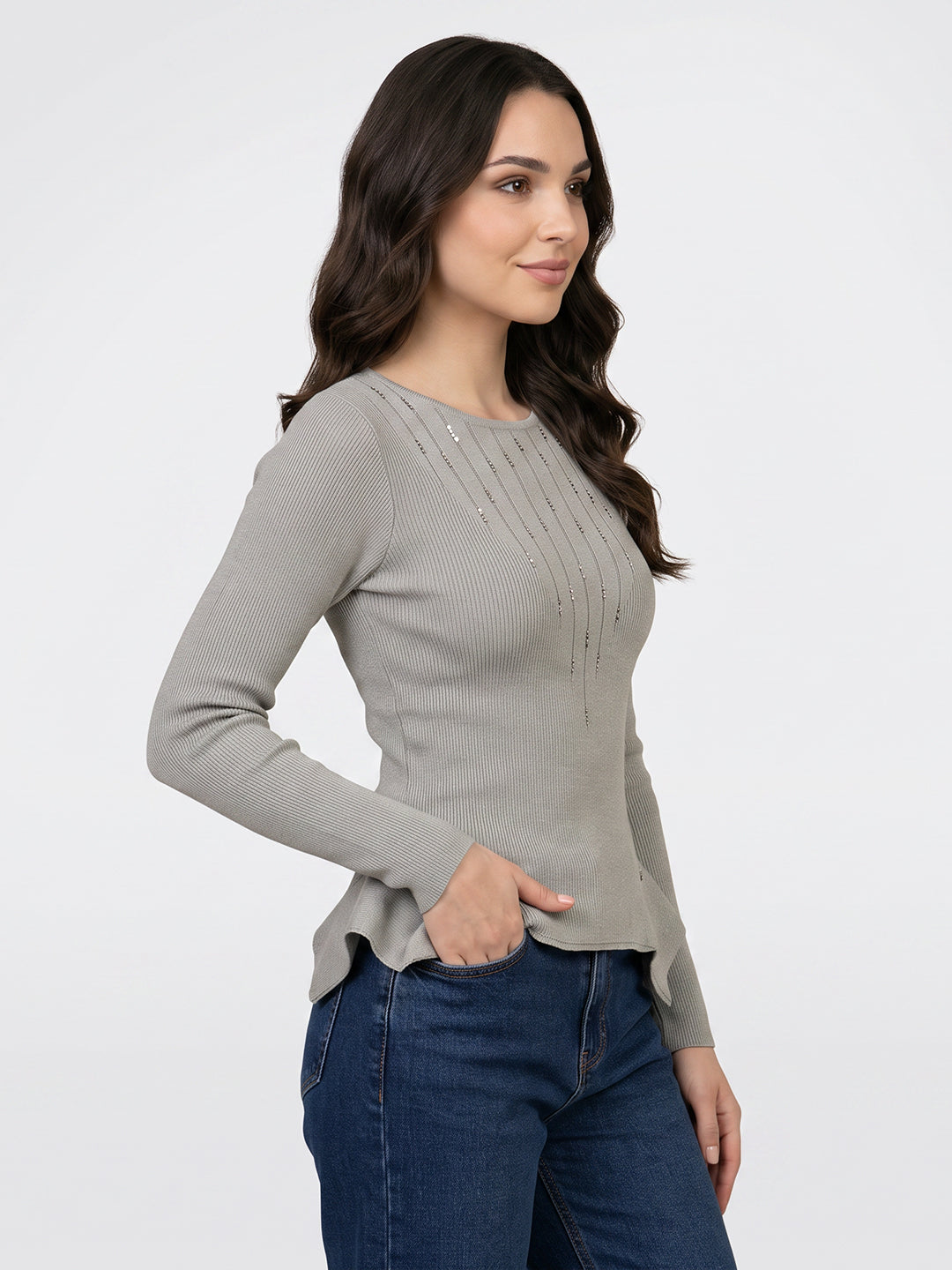 Women Grey Self Design Round Neck Full Sleeve Winter Top