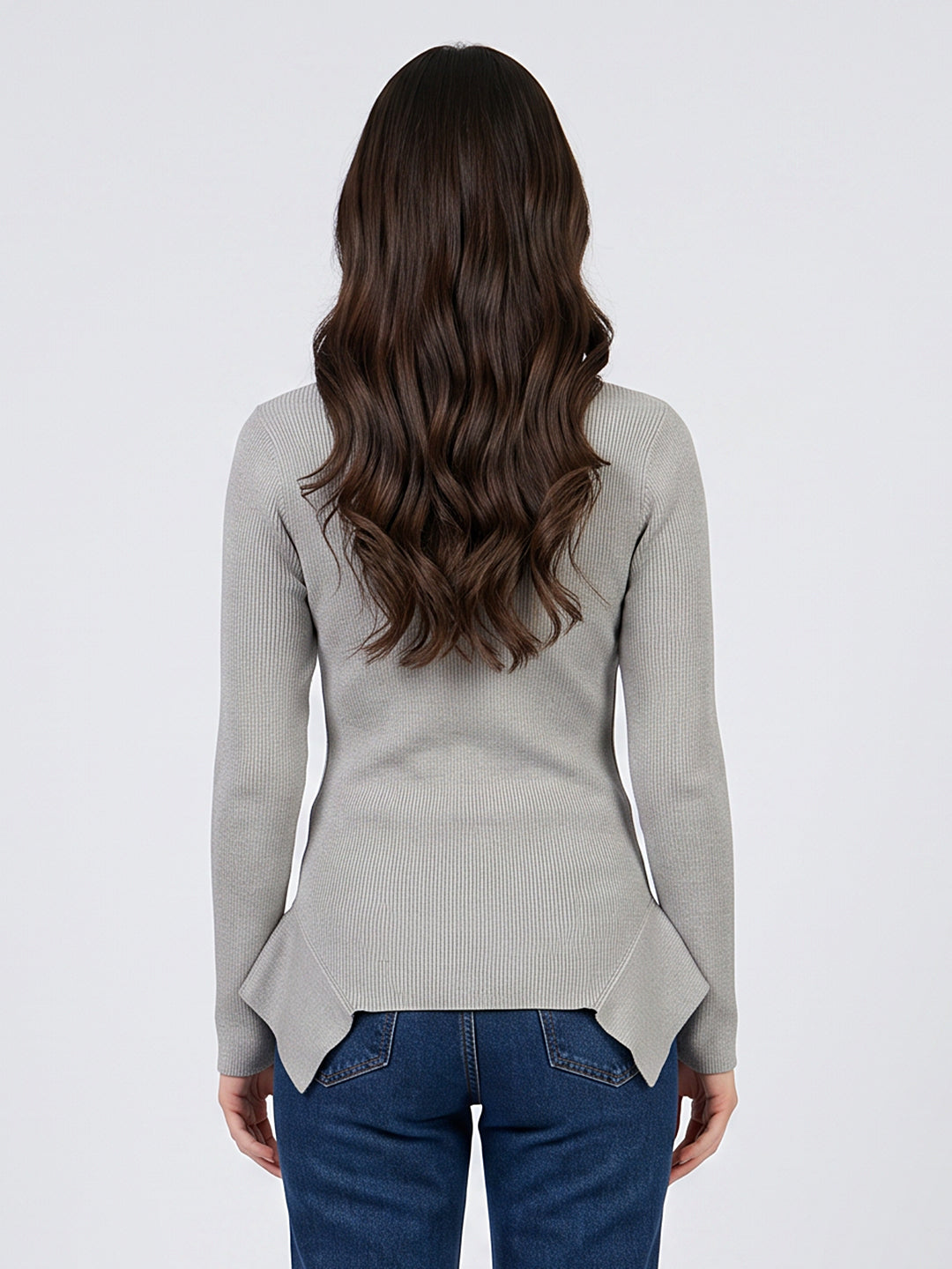 Women Grey Self Design Round Neck Full Sleeve Winter Top