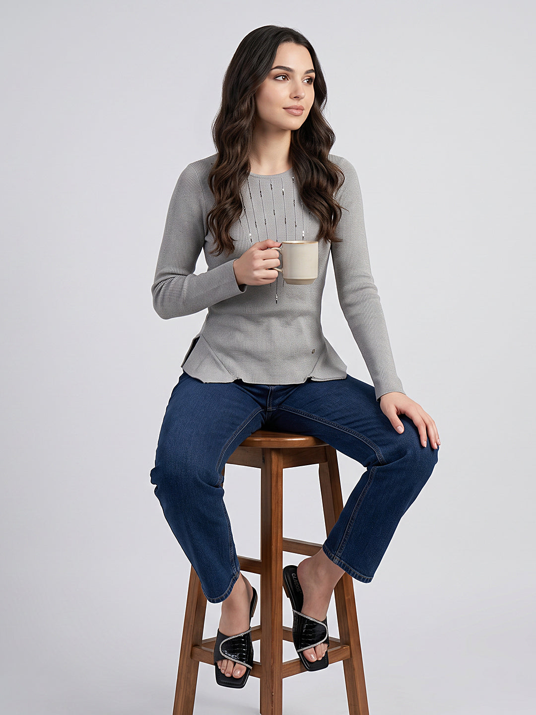 Women Grey Self Design Round Neck Full Sleeve Winter Top