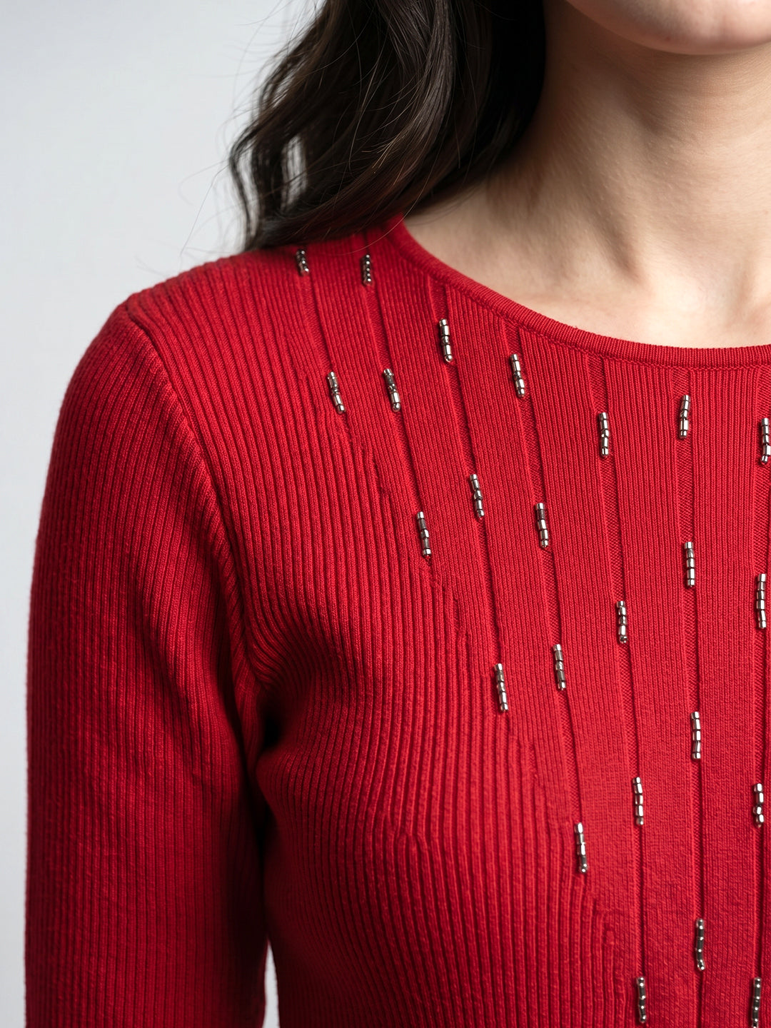 Women Red Self Design Round Neck Full Sleeve Winter Top
