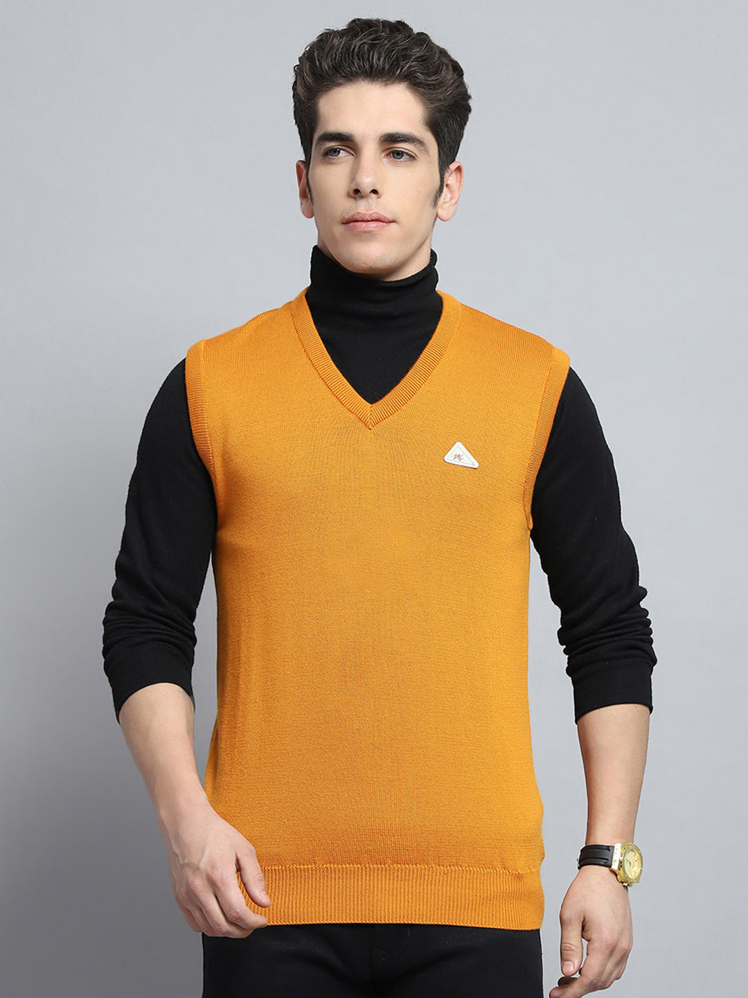 Men Yellow Solid V Neck Sleeveless Sweater